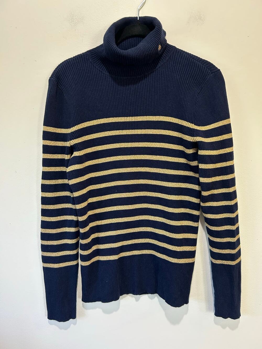 Lauren Ralph Lauren womens turtleneck L blue gold stripe cotton blend nautical